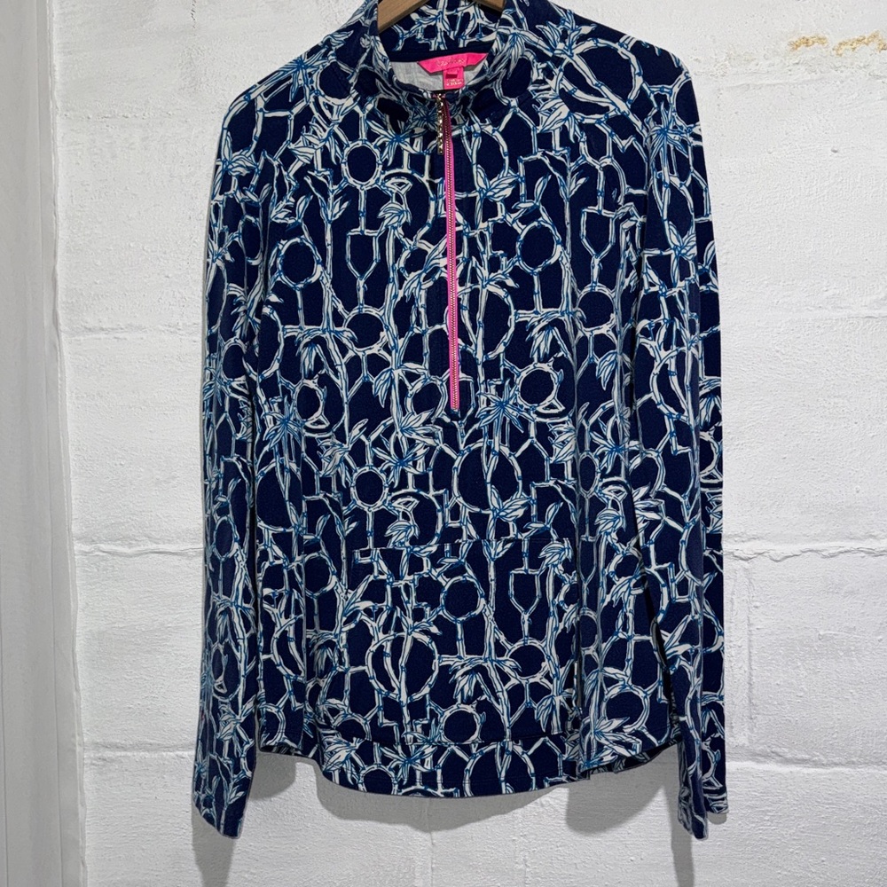 Lilly Pulitzer Navy Geometric Quarter-Zip Top with Pink Trim